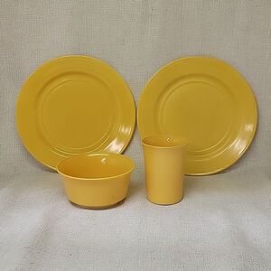 2 Vintage Hazel Atlas Ovide Platonit  Modernware Butterscotch Plates,Bowl +Glass